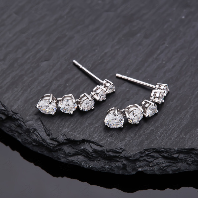 Tennis Design Three Prongs Setting Gradient Size Round Brilliant Cut VVS Moissanite Drop Earrings Gold Plated Stud Earring Wedding Party
