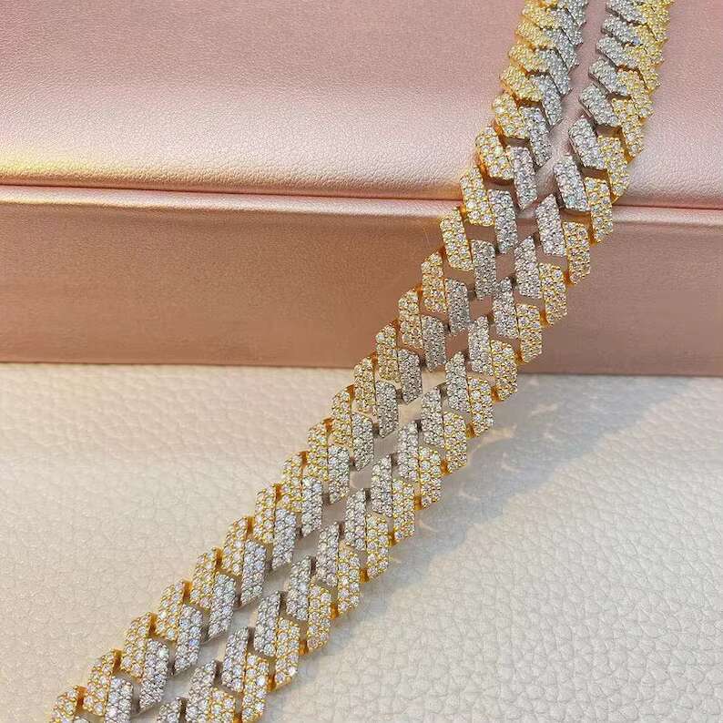 Two Tone Miami Cuban Link Necklace for Men/Women Thick iced Sterling Silver/Gold Plated Ready to Ship with Moissanite Stone