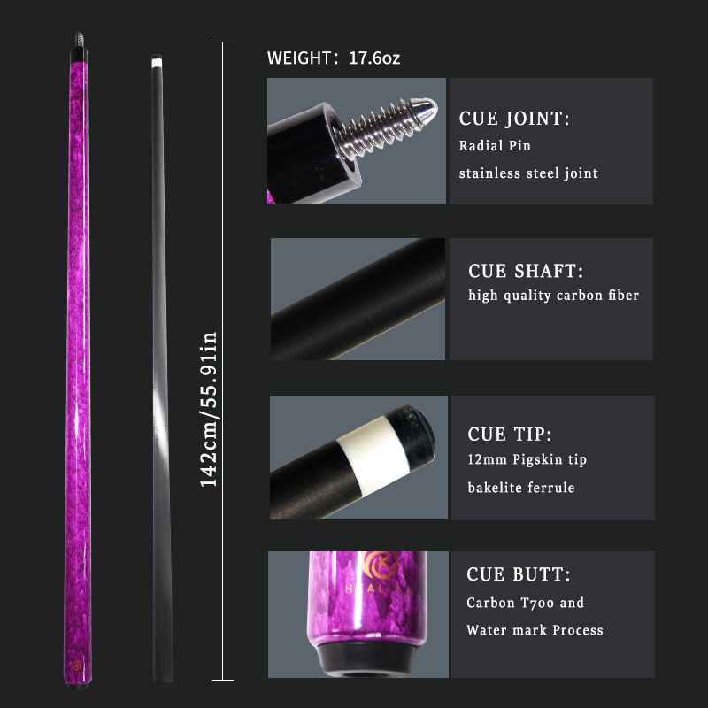 OKHEALING Quicksand Purple 1/2 Split Billiard Cue Carbon Fiber Billiard Stick 12mm Pigskin Tip Radial Pin Joint Pool Cues Carbon Carom Cues Profession