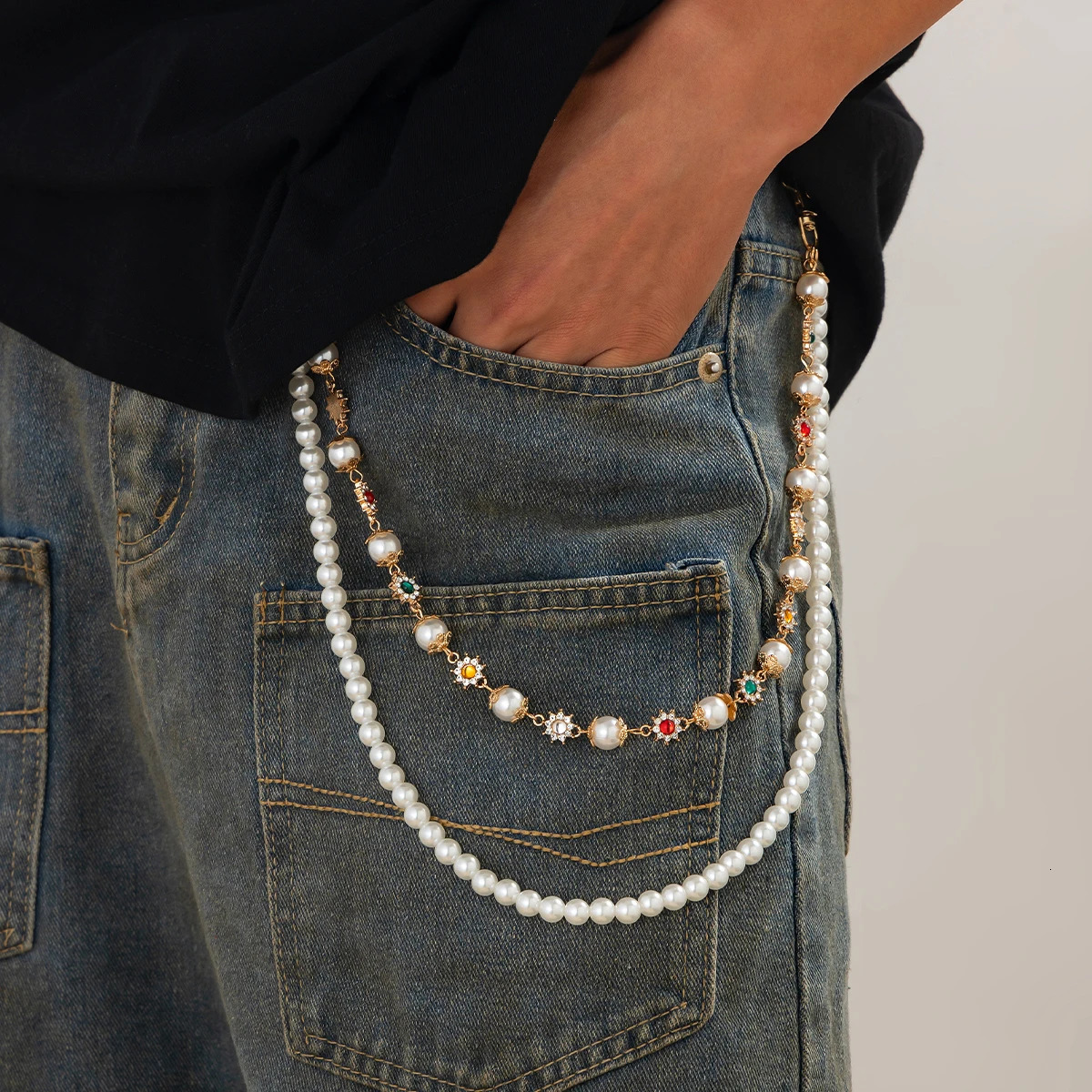 IngeSight.Z Fashion Pearl Rhinestone Flower Jeans Chain Keychain Men Women Trousers Hipster Pant Chain HipHop Jewelry 250717