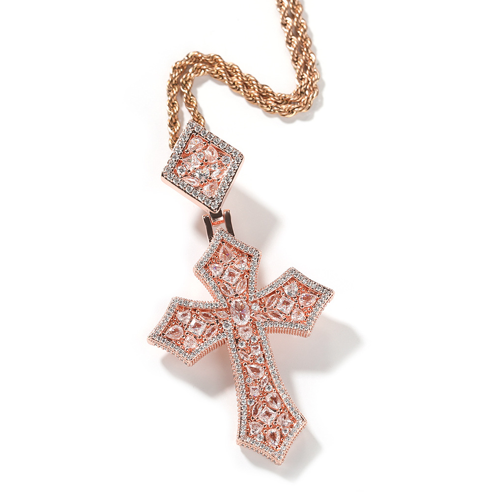 Hip Hop Rhombus Clasp Cross Pendant Necklace Colorful 5A T Zircons Women Mens Religious Jewelry