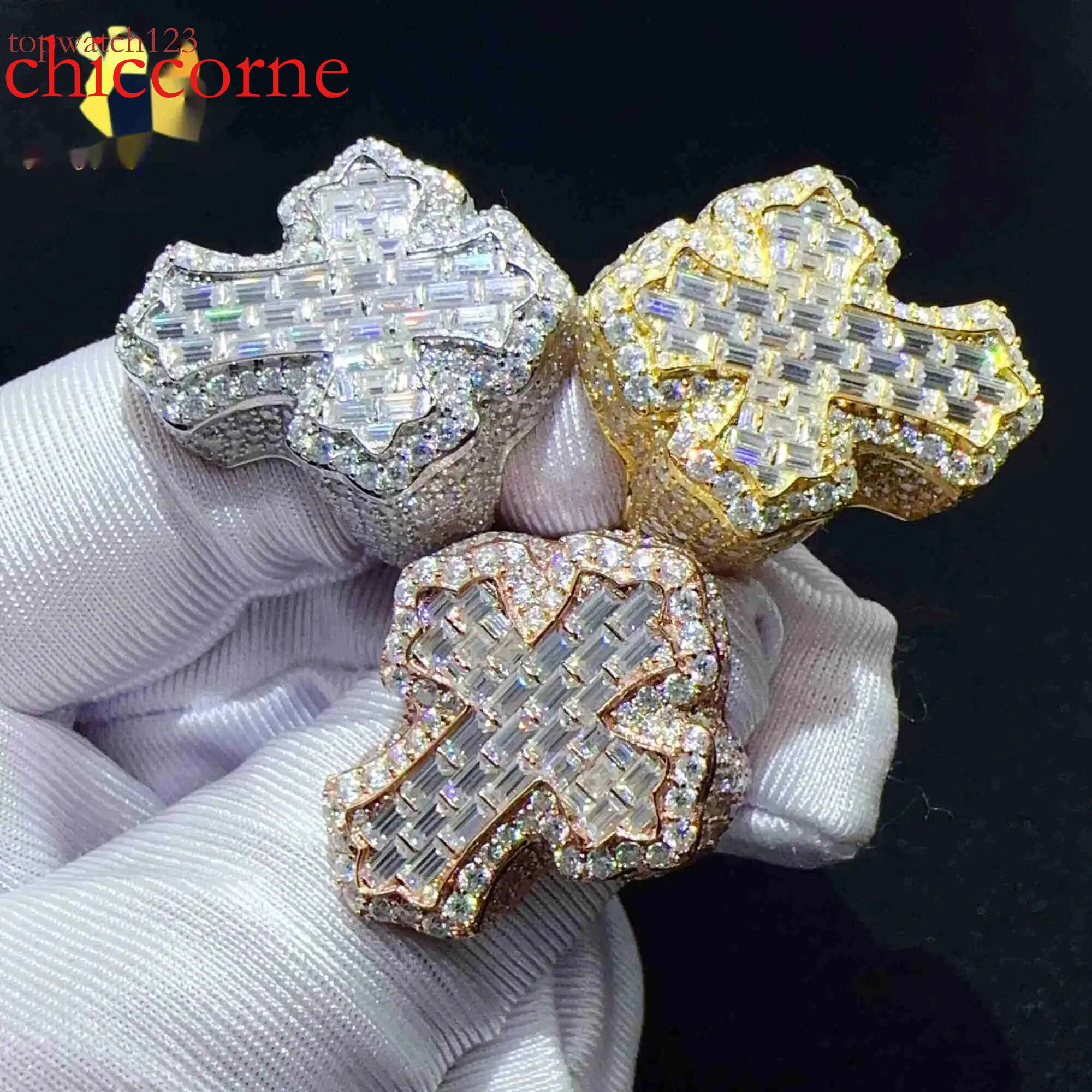 2024Hip fully iced out baguette dia rings fashion hip hop cross ring gra certified moissanite jewelry for men