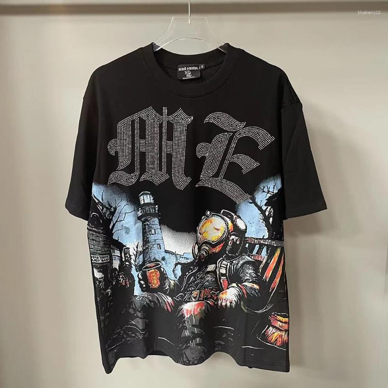Men's T Shirts Summer Letter Tshirts Rhinestone Short Sleeve Black Mens Tshirt Streetwear Cotton Loose Round Neck Top Tees Oversized Unisex