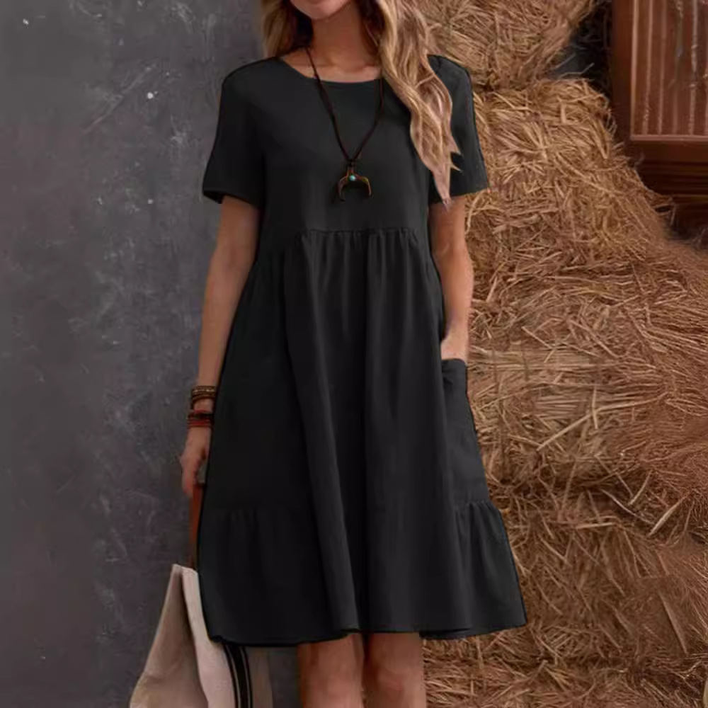 X626Retro Loose Pocket Solid Color Round Neck Women's Cotton and Linen Dress
