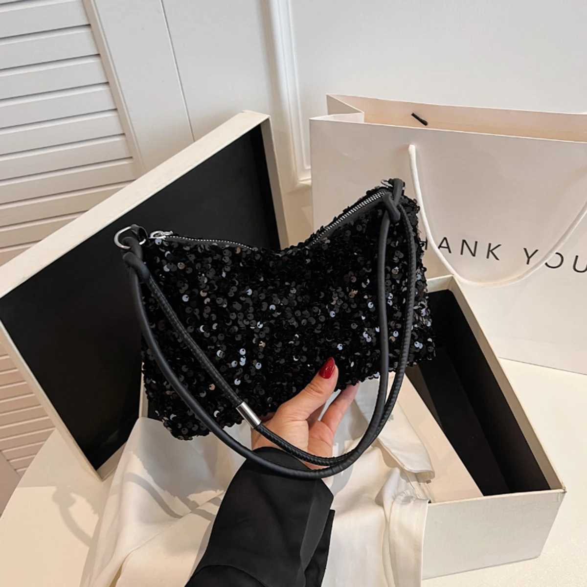 Black Sparkly Glitter Underarm Bag Casual Chic Design Crossbody Shoulder Bag for Outfit Y250626