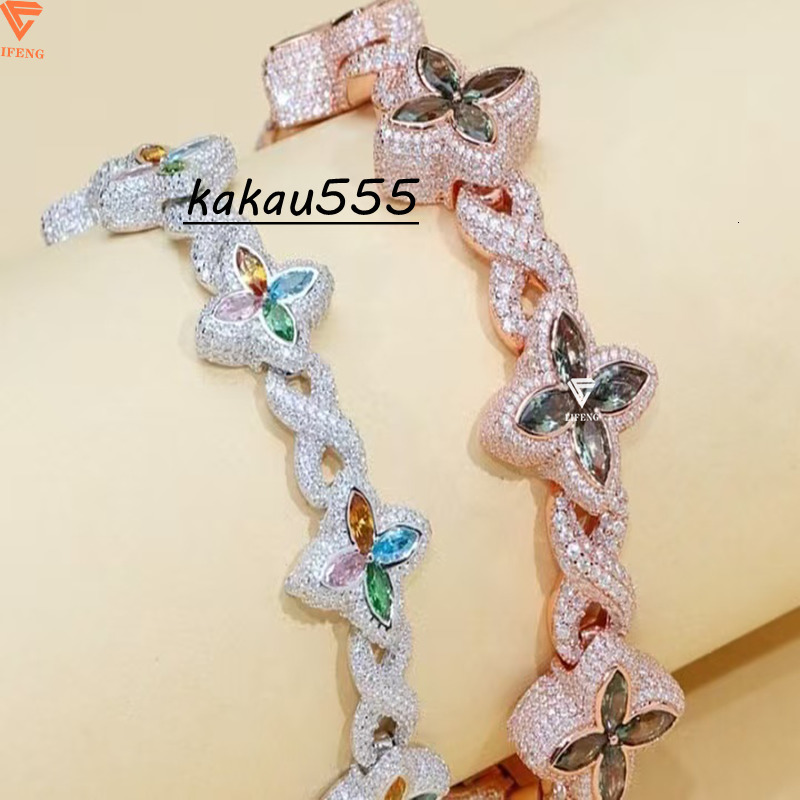 Hot Selling Colorful Hip Hop Design Iced Out Jewelry 14mm 925 Silver Clover Flower Moissanite Infinity Link Bracelet for Men