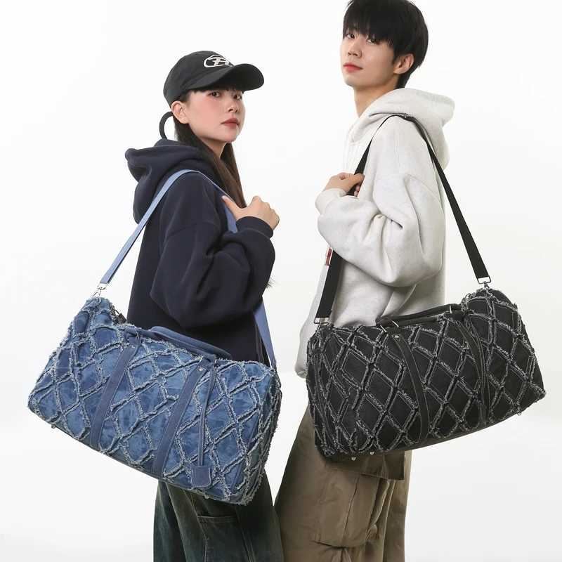 Denim Duffle Bag Fi Travel Bag Unisex Shoulder Bag Casual Gym Bag with Unique Ripped Design Large Capacity Versatile Usage Y250626