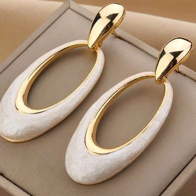 DHCollections Enamel Geometric Earrings - Oversized Hollow Pearl White Dangle Earrings with Shell Motif (2025 Minimalist Statement Jewelry)