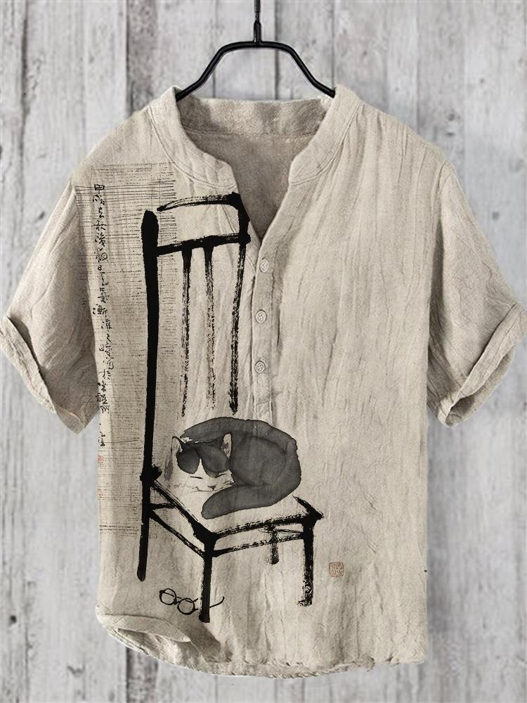 Men Summer Shirts Short Sleeve Shirt Casual Style New 3D Digital Heat Transfer Printed Animal Landscape Pattern 3-Button Stand Collar Short Sleeve Shi