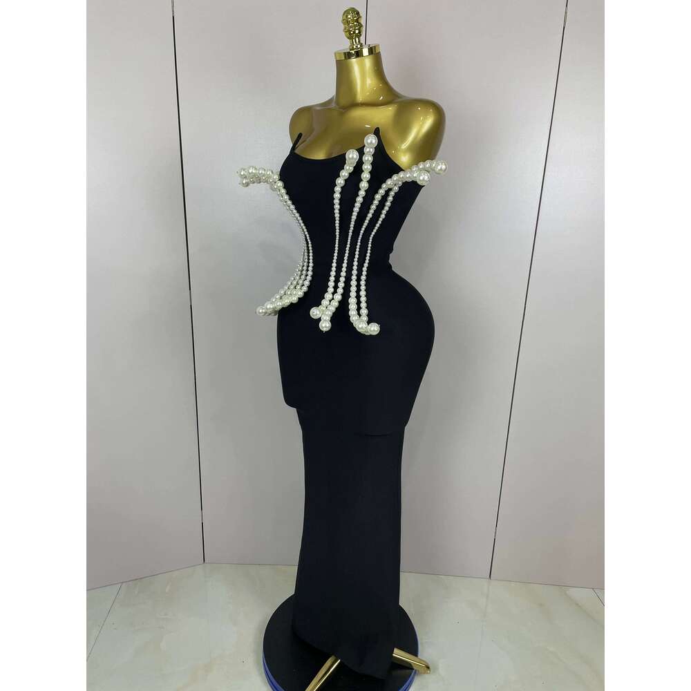 2025 New Sexy Strapless Pearl Beading Bodycon Long Bandage Dress Women Fashion Elegant Evening Party Birthday Dresses