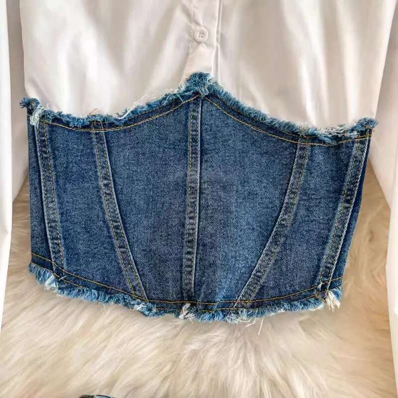 2025 New Denim Sets Laple Neck Long Sleeve Fake Two Piece Shirts Blouses+ High Waist Belt Split Skirt Fashion Women Suit
