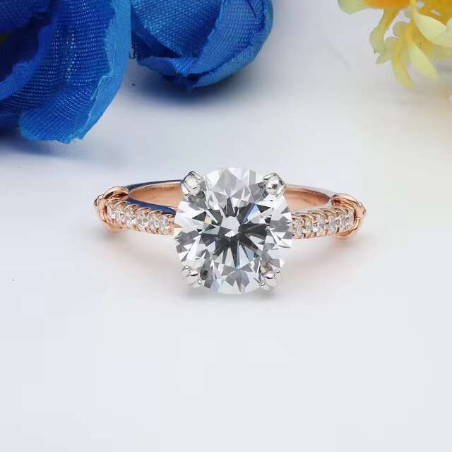 Elegant Round Cut Paved Diamonds Solitaire Bridal Ring Featuring a Subtle Halo