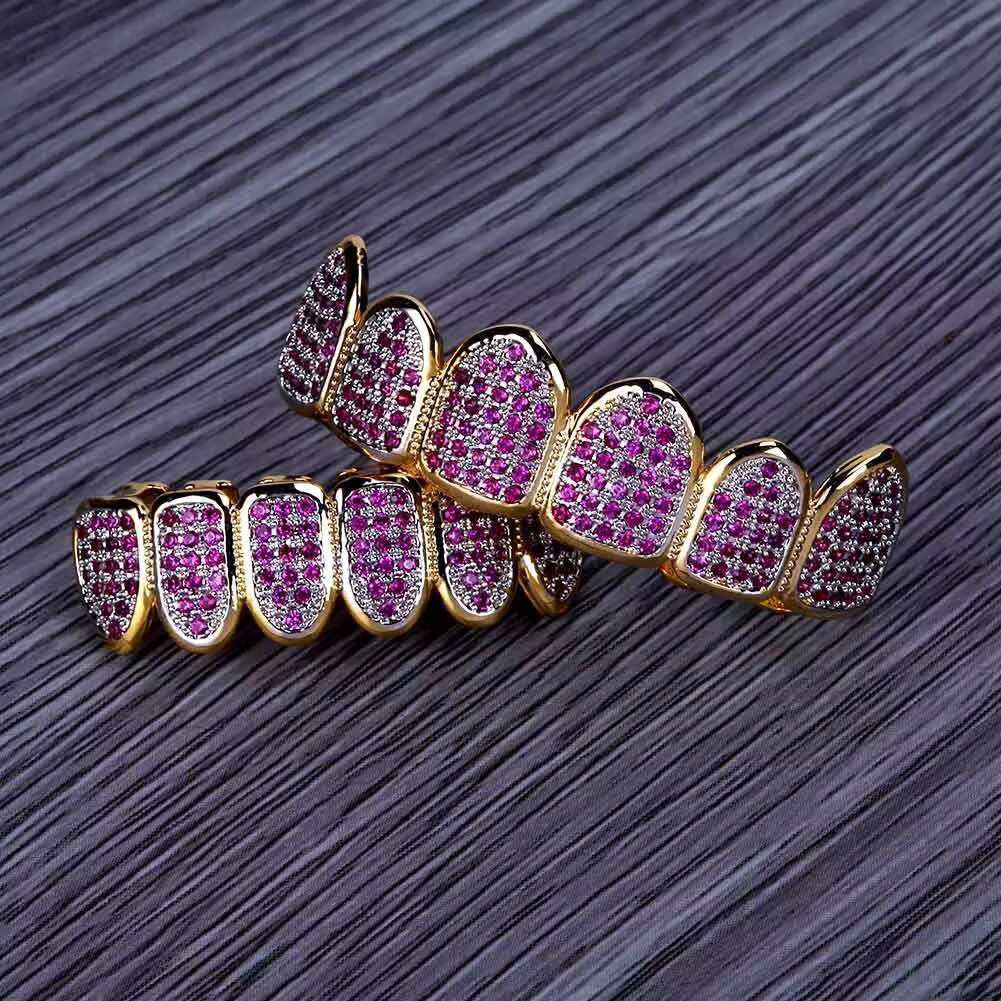 Purple Bling CZ Diamonds Paved Setting Punk Ice Bars Teeth Grillz Top Bottom Set Hip Hop Copper Alloy Zircon Perfect GiftOACOCA