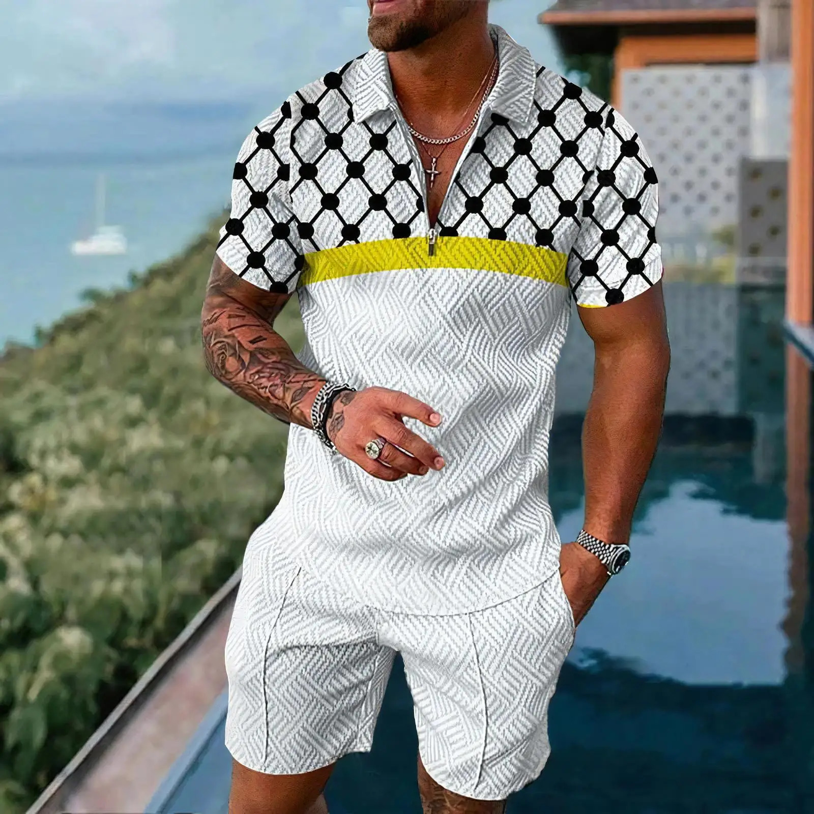 Funny 3D Printed Mens 2 Piece Sets Fashion Polo ShirtShorts Outfit Casual Short Sleeve Zipper Shirts Summer Hip Hop Streetwear 250624