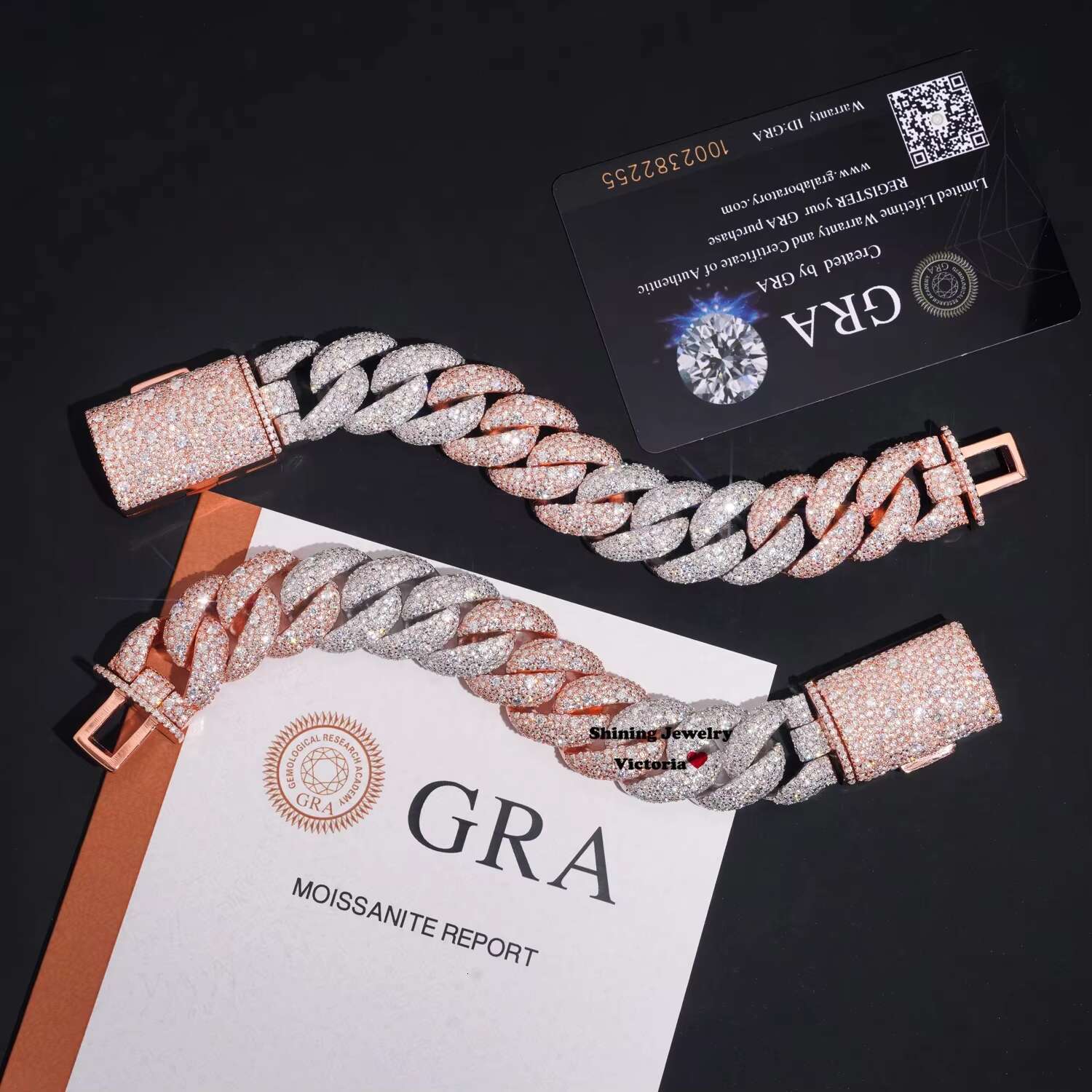 Rose Gold Mix White Gold Two Tone Mosaic Setting Moissanite Cuban Link Bracelet 18MM Fully Iced Out