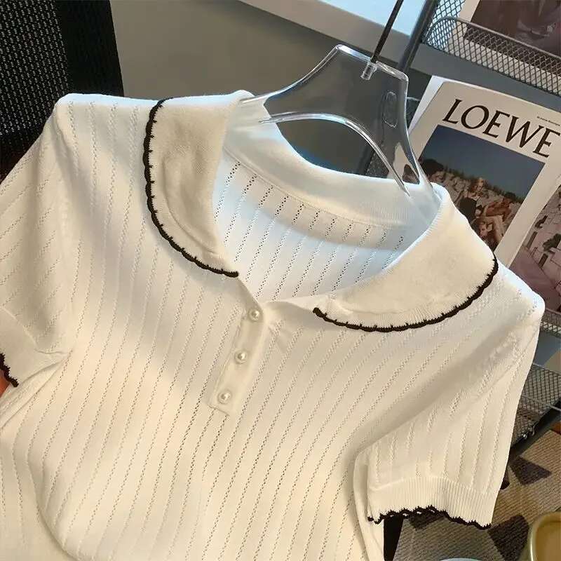 Contrast Turn Down Collar Ropa De Mujer Summer Knit Woman Clothing Moda Elegant All-match Clothes Short Sleeve T Shirt Camisetas