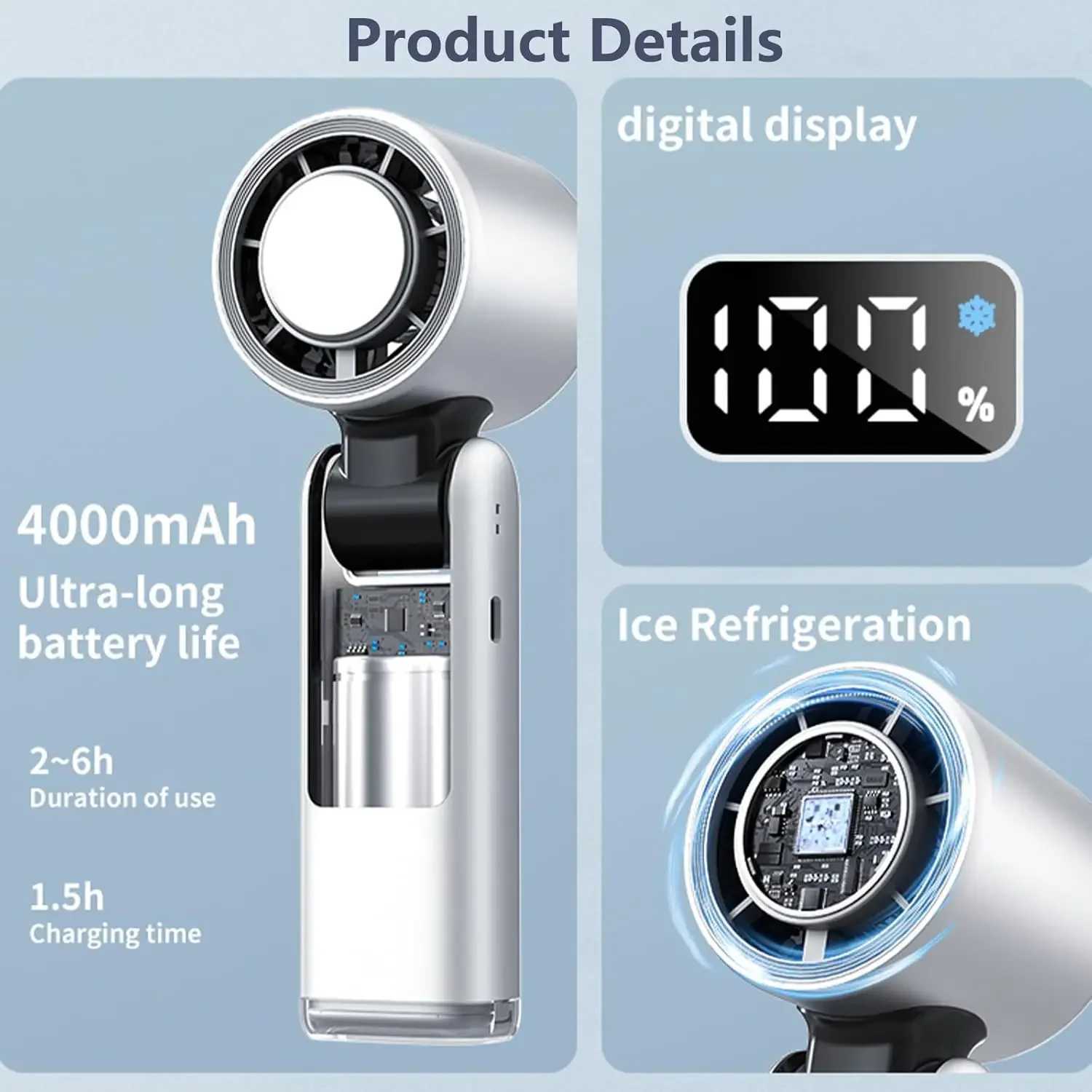 Portable Handheld Turbo Fan 100 Gear Wind USB Rechargeable Battery Operated Up to 3 IN 1 Personal with Air Tech Cooling M250626