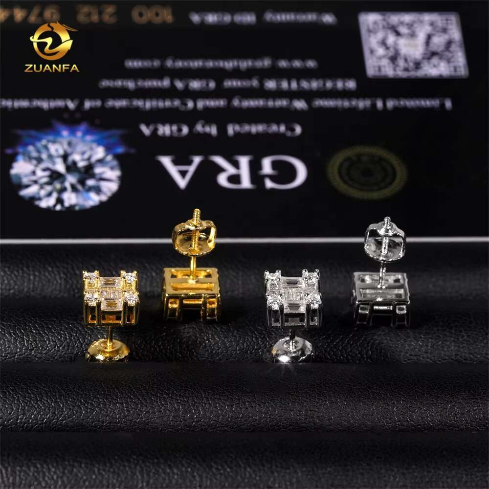 Wholesale Price Factory Directly High Quality Hip Hop Baguette Moissanite Studs 925 Sterling Silver Diamond Earring