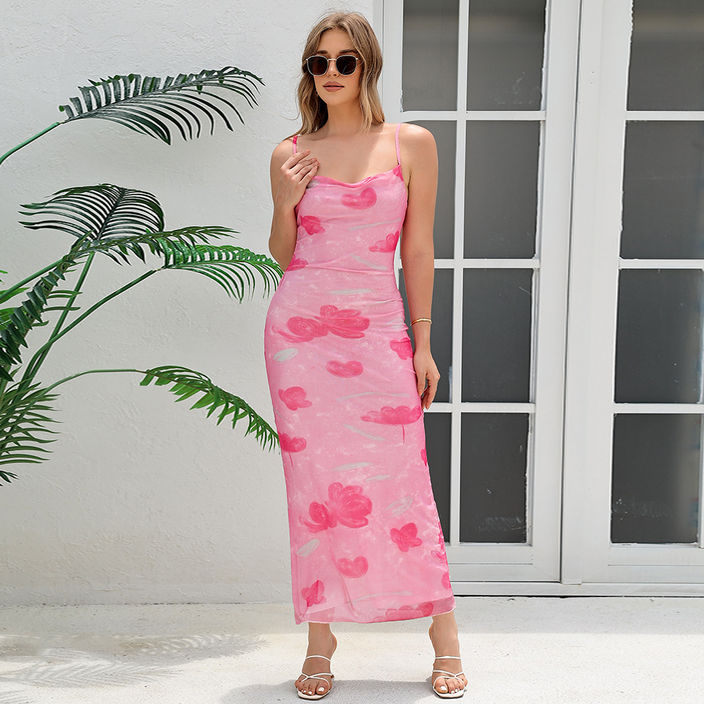 Y626New sexy sweet and spicy style one-shoulder mesh print long suspender dress
