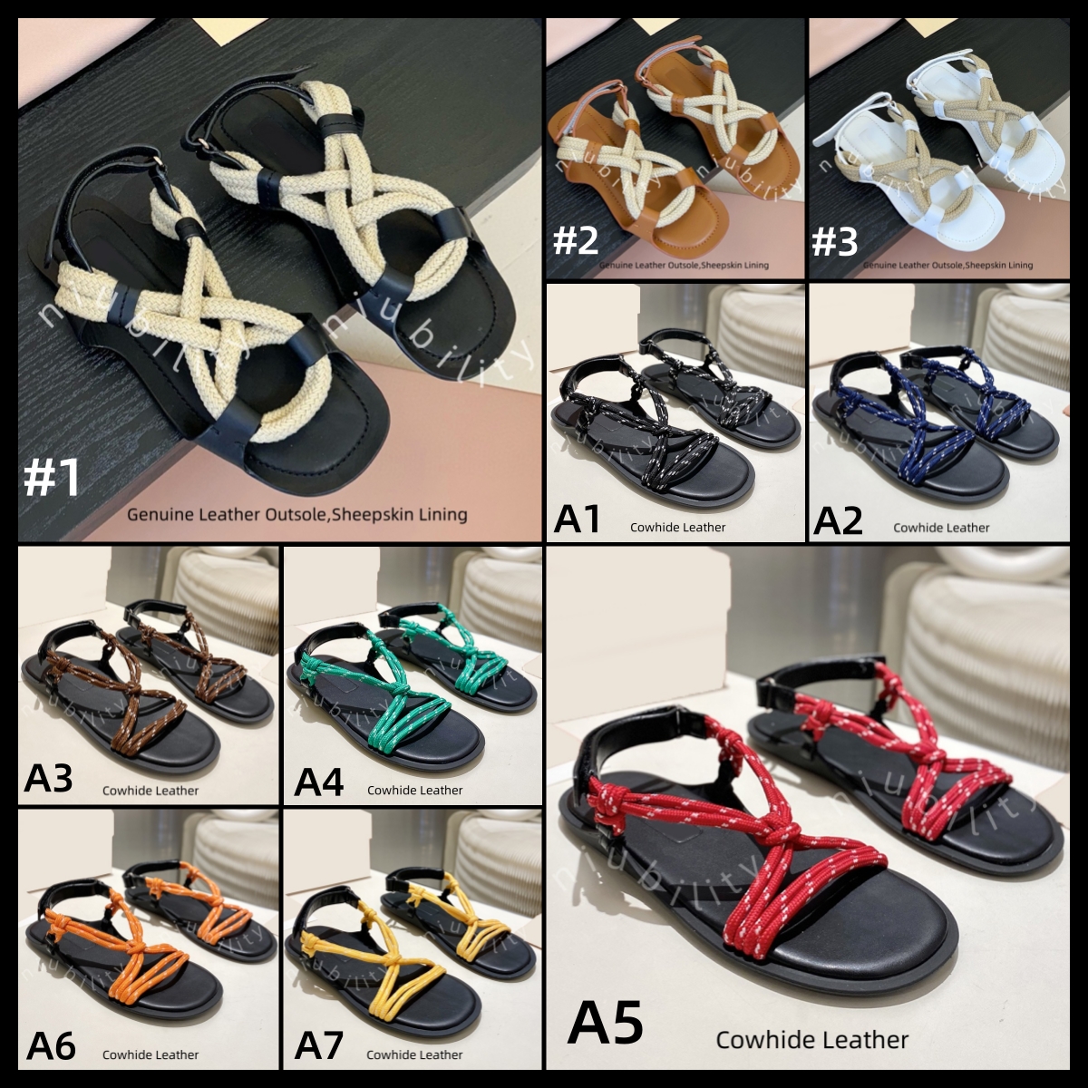 (Order by pic in opt, not by desc) Women's Flat sandals with cowhide outsole and nylon knot weaving