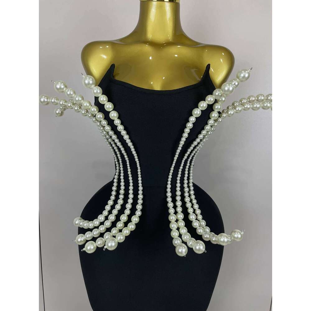 2025 New Sexy Strapless Pearl Beading Bodycon Long Bandage Dress Women Fashion Elegant Evening Party Birthday Dresses