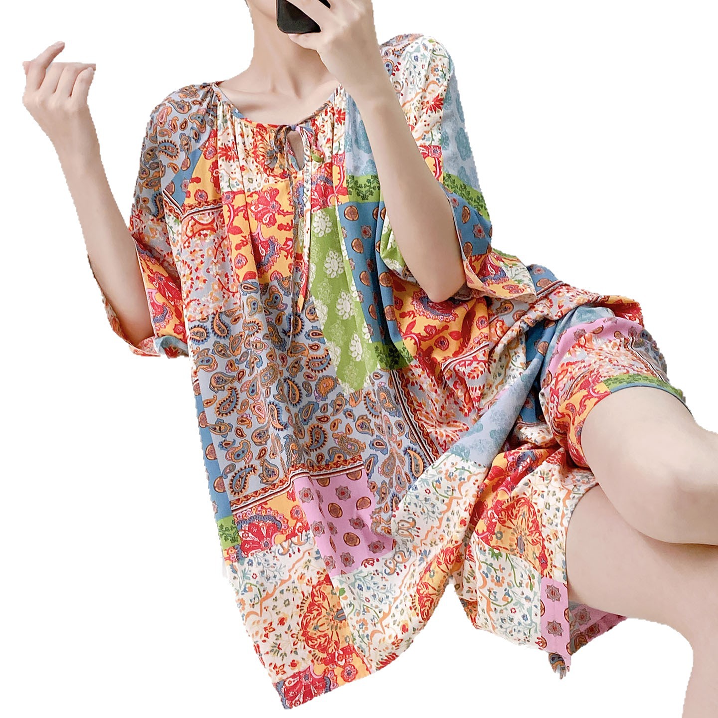 B936-Short-sleeved ladies pajamas summer thin cotton silk loose artificial cotton home clothes suit leisure suit thin