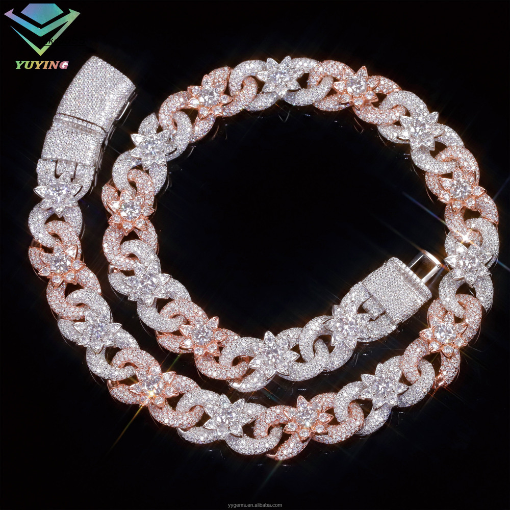 HOT SELLING 15mm Colorful Moissanite Flower Ready Stock Cuban Link Hip Hop Fancy Diamond Cuban Link Chain Moissanite 925