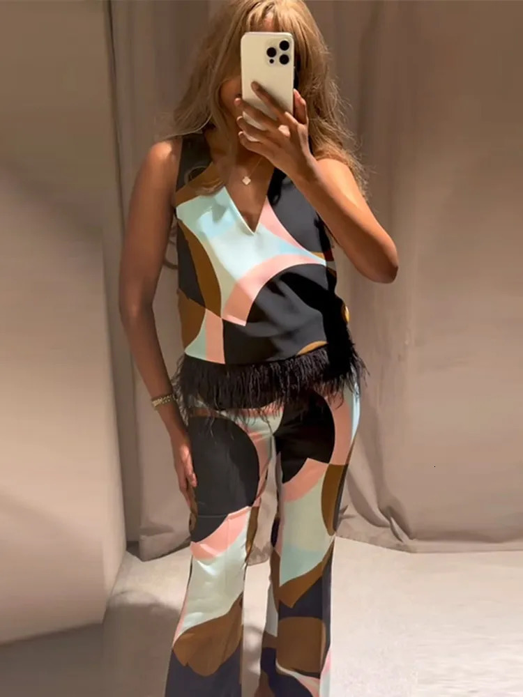 Geometric Print Leather Patchwork Top Pants Suits Women Sexy V-neck Sleeveless Tops High Waist Straight Trousers Chic Lady Sets 250625