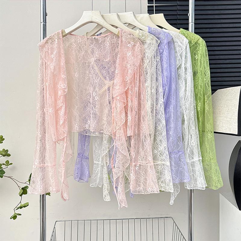 K1146 Sweet and fresh hollow hook flower lace blouse for women in summer with ruffled thin long sleeve sunscreen cardigan