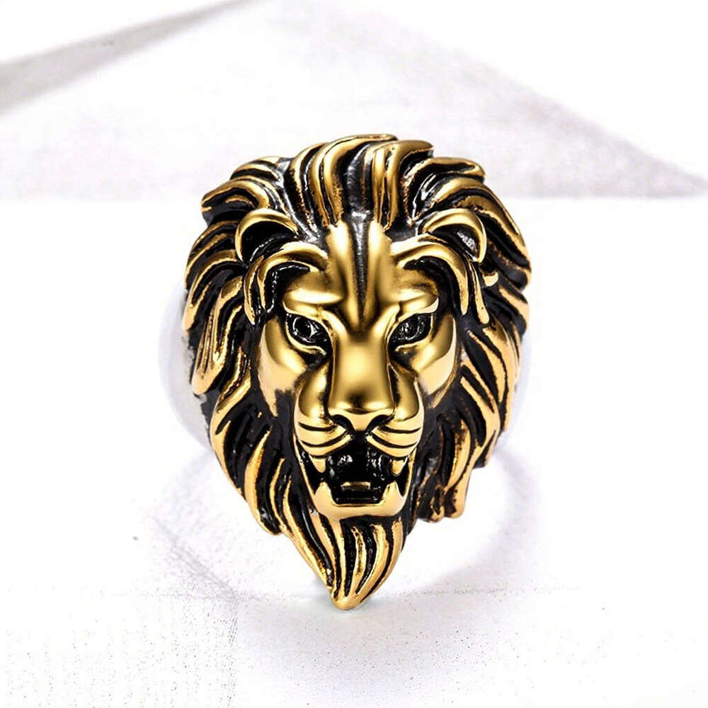 Unique Titanium Steel Gold Men's Bold Hip Hop Style Lion Head Ring