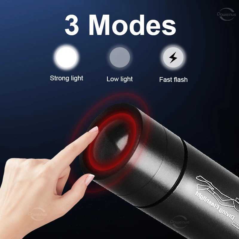 Powerful LED Diving Flashlight Zoomable Underwater Torch Professional Diving 300M Dive Lights IPX8 Waterproof Fishing Lantern W250701