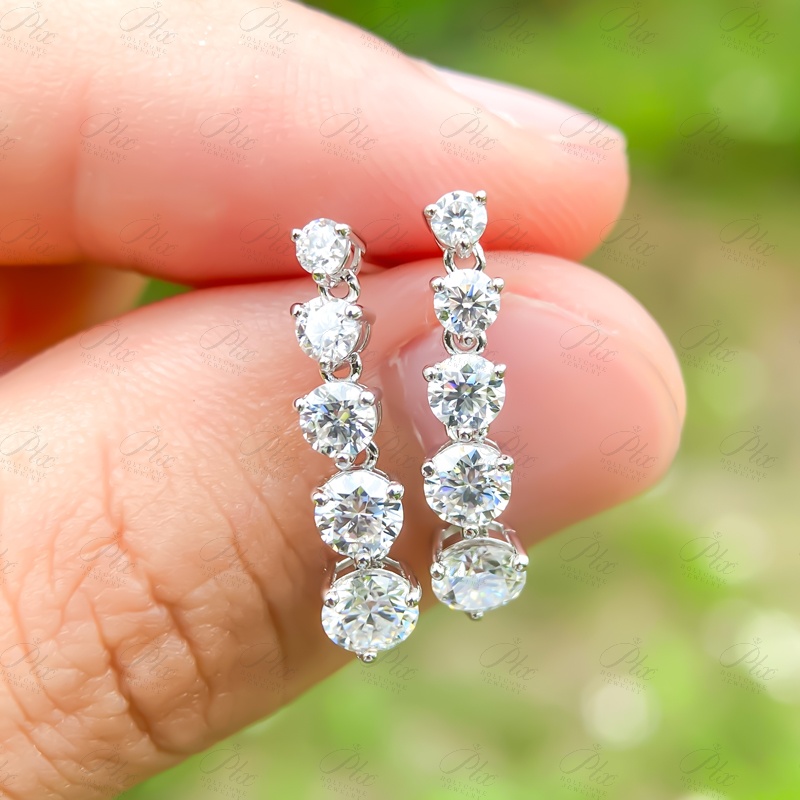 Tennis Design Three Prongs Setting Gradient Size Round Brilliant Cut VVS Moissanite Drop Earrings Gold Plated Stud Earring Wedding Party