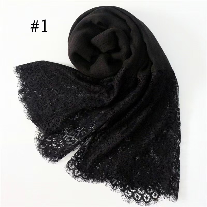 T1074 ladies solid color scarf with large lace on both ends, head scarf, silk scarf shawl