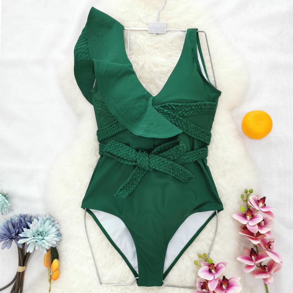 Women's Swimwear Swimwear Women Sexy Swimsuits Deep-v Beach Wear Shoulder Solid Ruffled Plus Size Bathing Suit Summer Micro Bikini 230417
