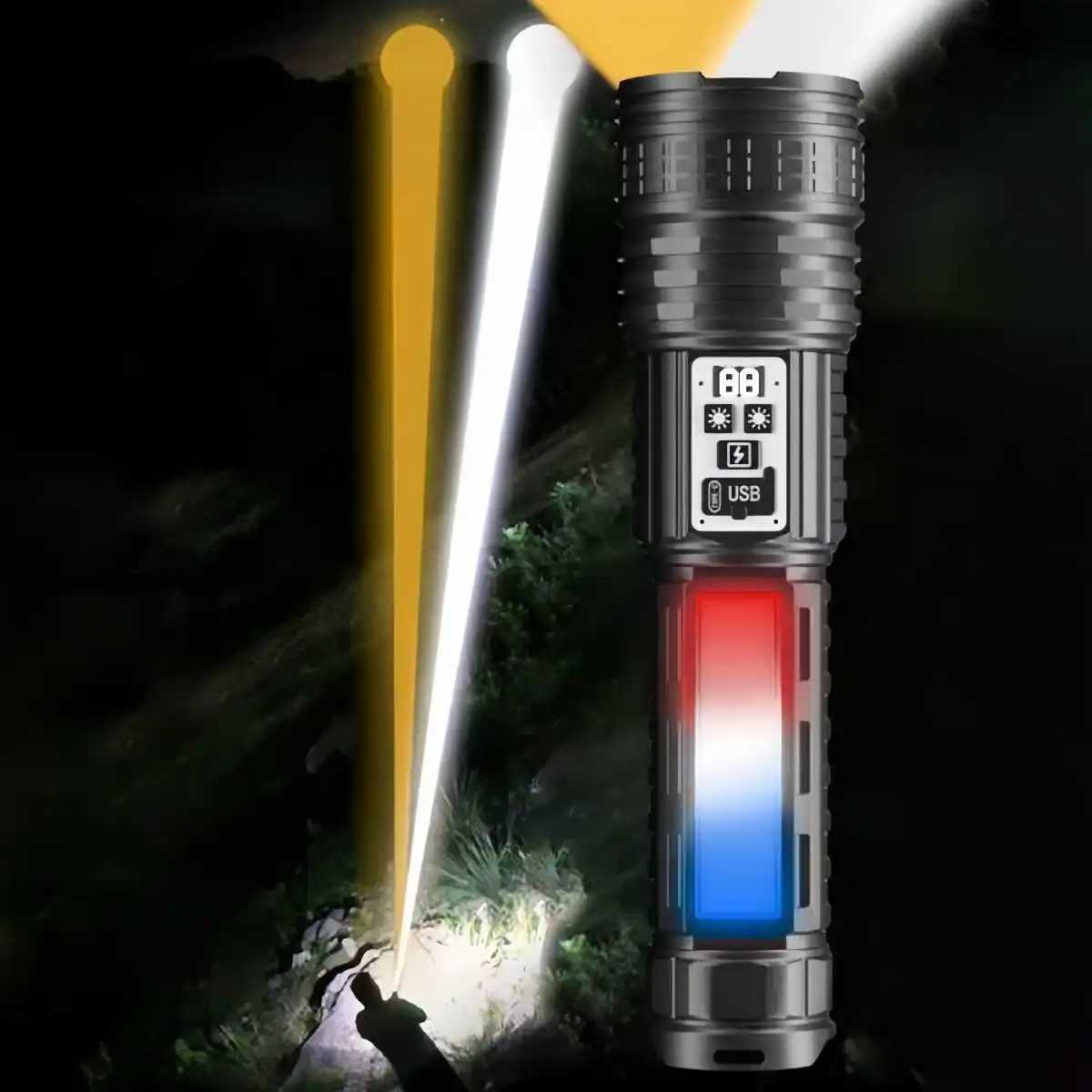 Bright Flashlight-Long Range Torch Outdoor Portable LED Flashlight with Side Light LCD Display for Camping Hiking Adventures W250701