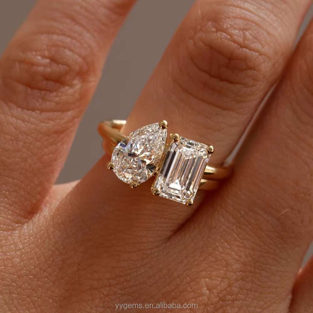 Custom MOI ET TOI Style 2CT Pear Octagon Moissanite 18K Gold Yellow Wedding Engagement Ring Fine Jewelry Women Fine Rings