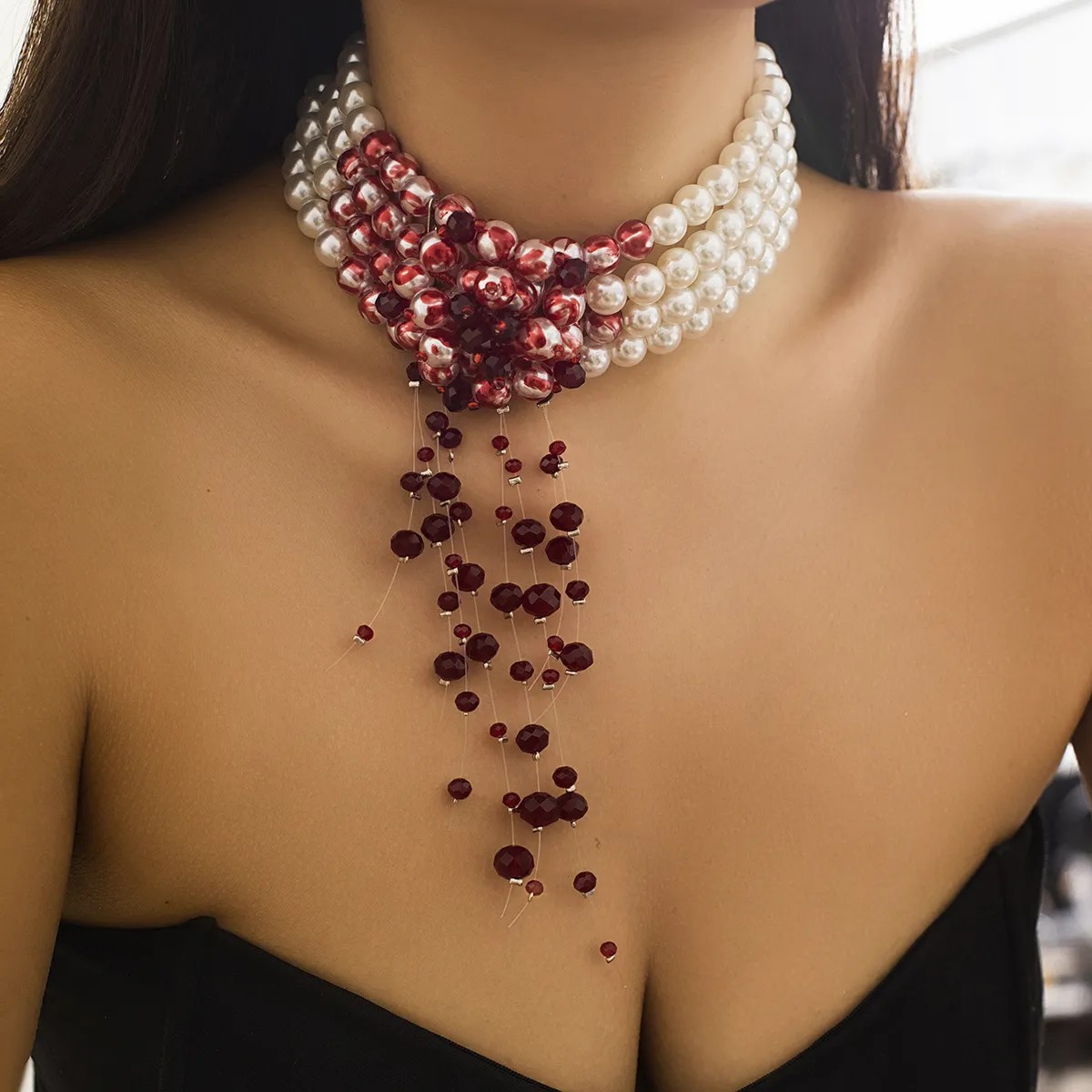 Elegant Multi-Layered Imitation Pearl and Crystal Tassel Choker Necklace for Women - Unique Red Bead Accent Design
