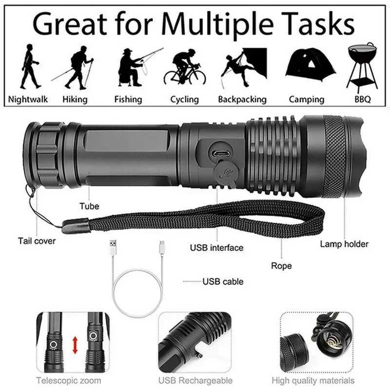 High Power XHP100 LED Flashlight Rechargeable 4 Core Torch Zoom USB Hand Lantern For Camping Outdoor Emergency Use W250701