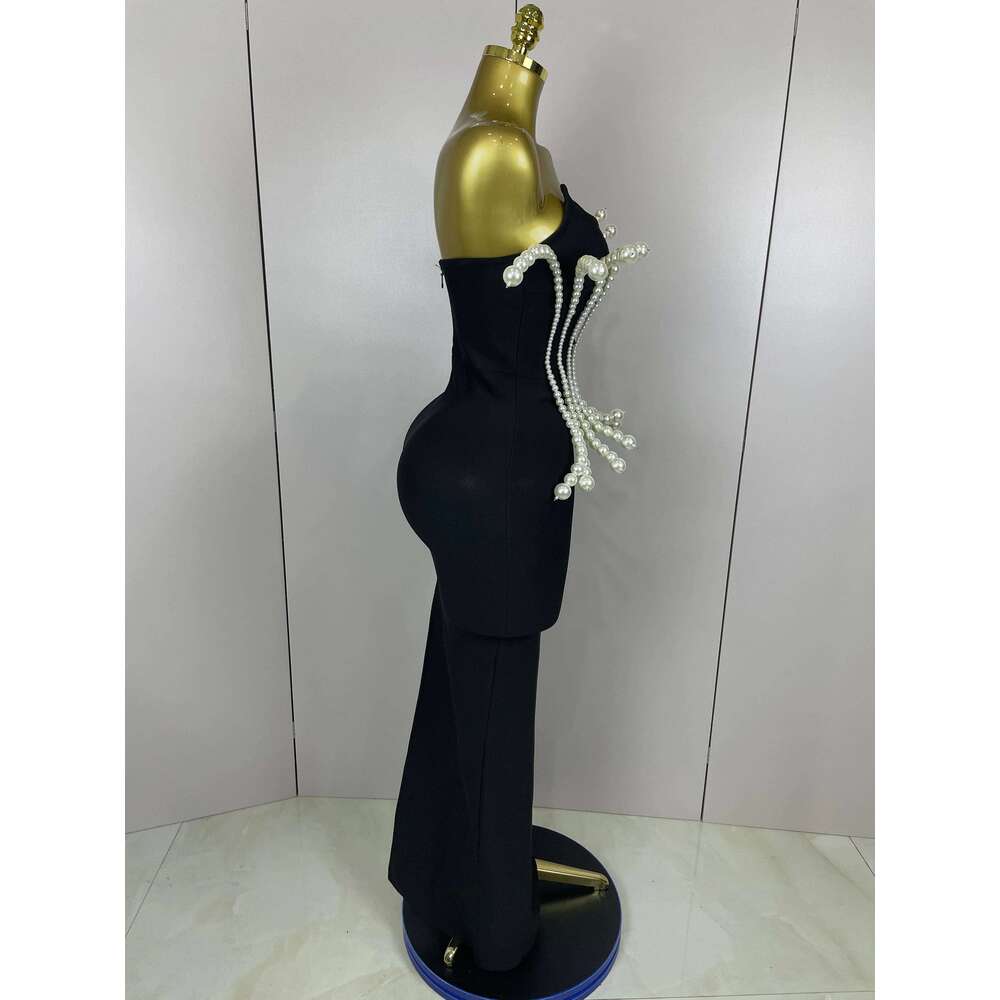 2025 New Sexy Strapless Pearl Beading Bodycon Long Bandage Dress Women Fashion Elegant Evening Party Birthday Dresses