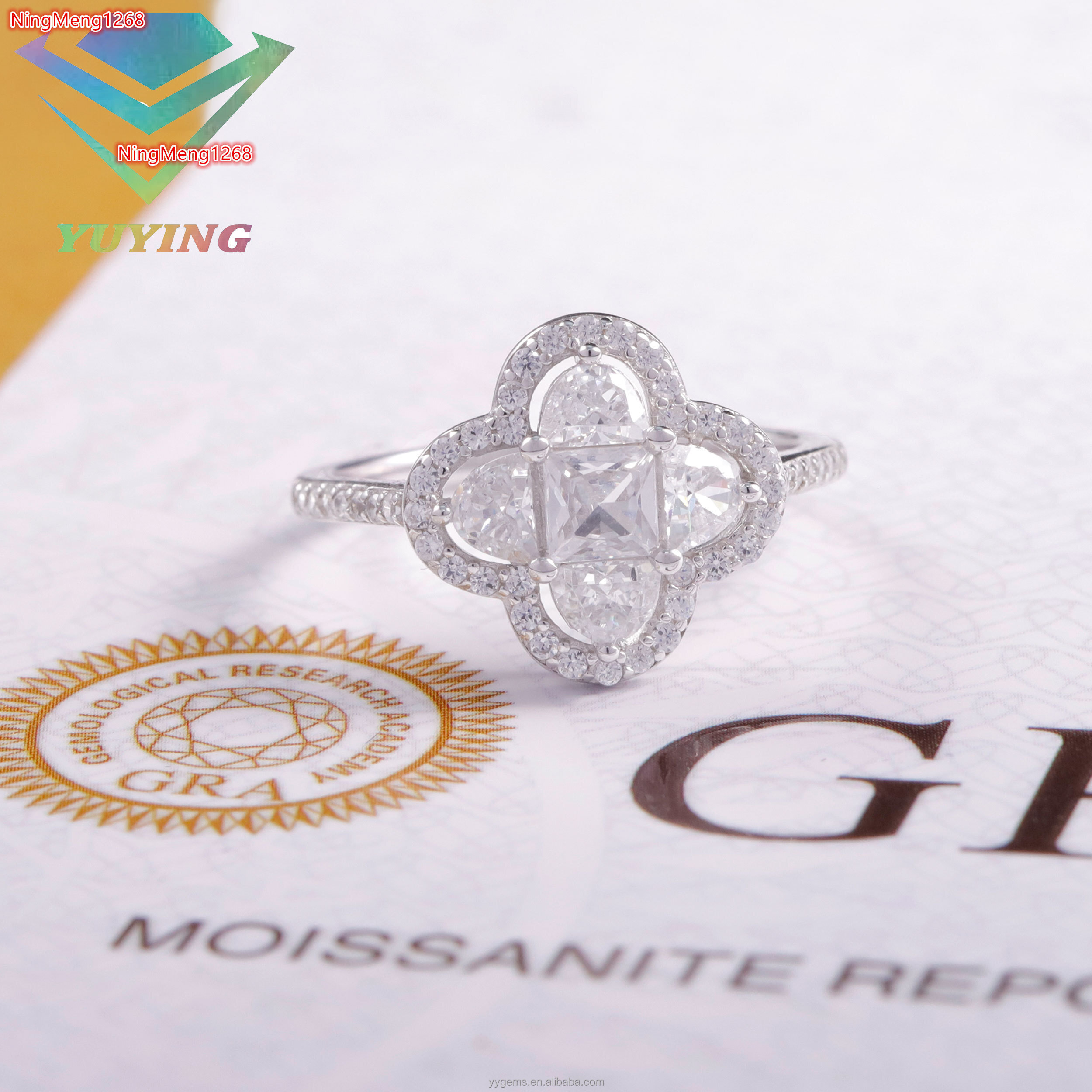 Fine Jewelry Lucky Clover Ring Real 14K White Gold Round Cut VVS Moissanite Diamond Wedding Ring