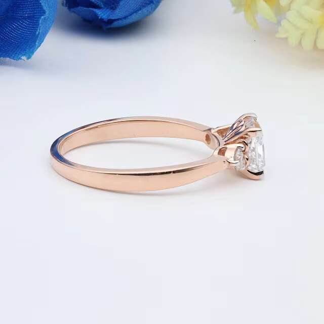 14k Rose Gold Princess Cut lab Grown Diamond Engagement Ring Three Stone Ring Side Stone Round Ring Gift for Women