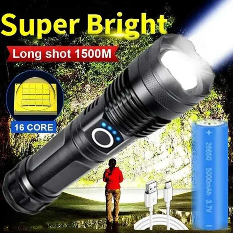 High Power XHP100 LED Flashlight Rechargeable 4 Core Torch Zoom USB Hand Lantern For Camping Outdoor Emergency Use W250701