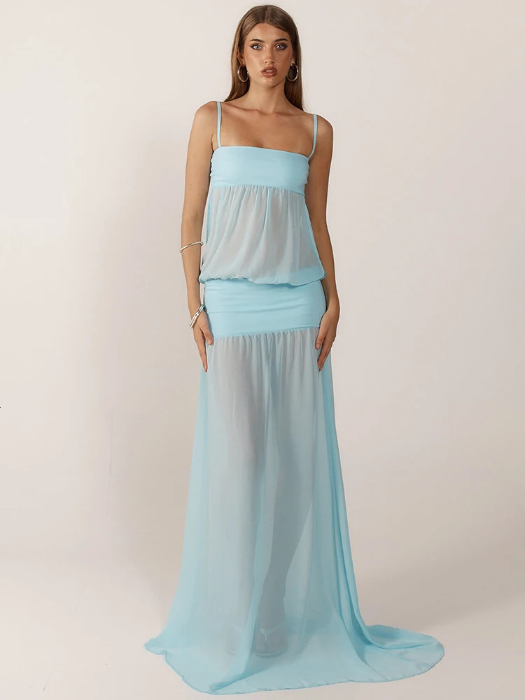 Mozision Chiffon See Through Sexy Maxi Dress Women Gown Fashion Spaghetti Strap Sleeveless Backless Draped Club Party Long Dress 250624