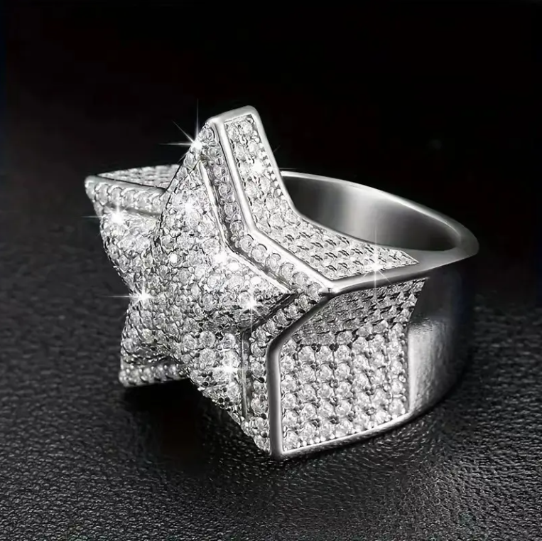 Hiphop Style Men's & Women's 925 Sterling Silver VVS Moissanite Diamond Star Ring Iced Out Gold Plated Fine Jewelry
