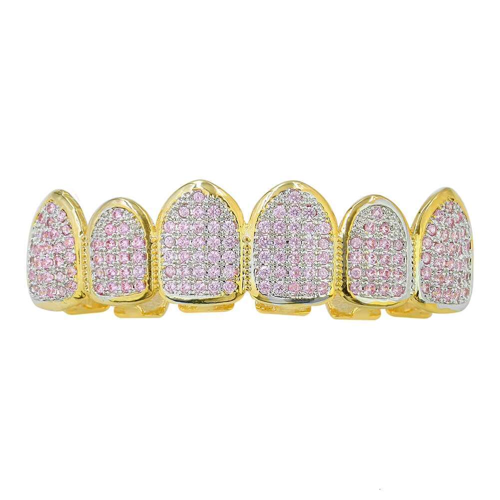 Luxury Pink Zirconia Crowns Dental Grills 18K Gold Plated Brass Teeth Grillz for Wedding or PartyOACOCA