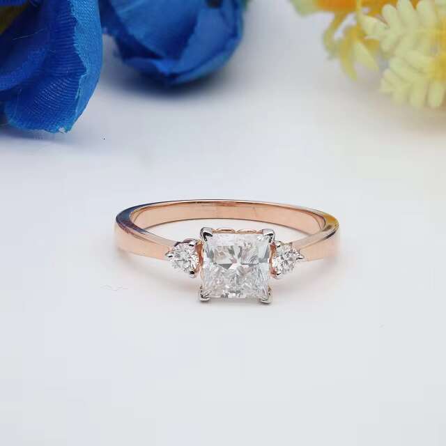 14k Rose Gold Princess Cut lab Grown Diamond Engagement Ring Three Stone Ring Side Stone Round Ring Gift for Women