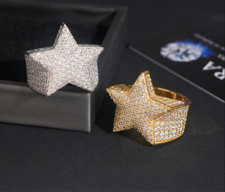 Iced Out Star Shape Moissanite Diamond Men Rings 925 silver Hip Hop Ring Pass Tester Men Cuban Ring