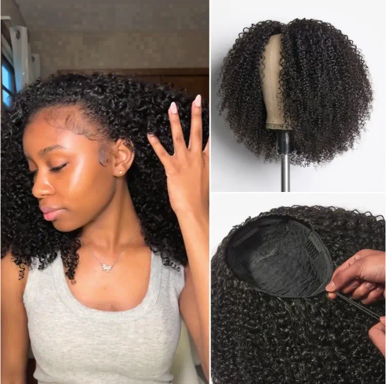 Kinky Curly Half Wig Human Hair 3 In 1 Seamless Flip Over Glueless Wear and Go Beginner Friendly Drawstring Headband Wig for Women