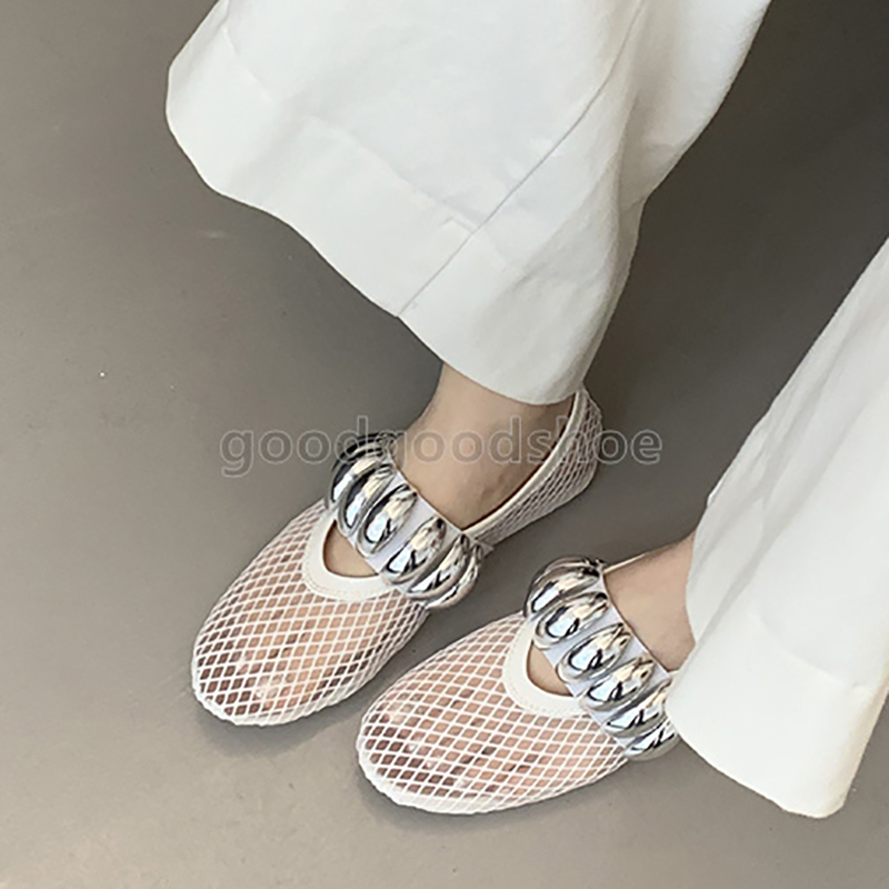 2025 loafers womens ballet flats heels mary jane shoes summer breathable hollow out mesh elegant ballerina luxury designer metal buckle dress shoes