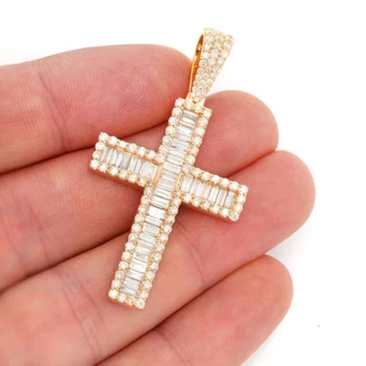 AAA GEMS Hip Hop Moissanite Collection Solid 14K Yellow Gold Baguette Diamond Fashion Cross Pendant for Men